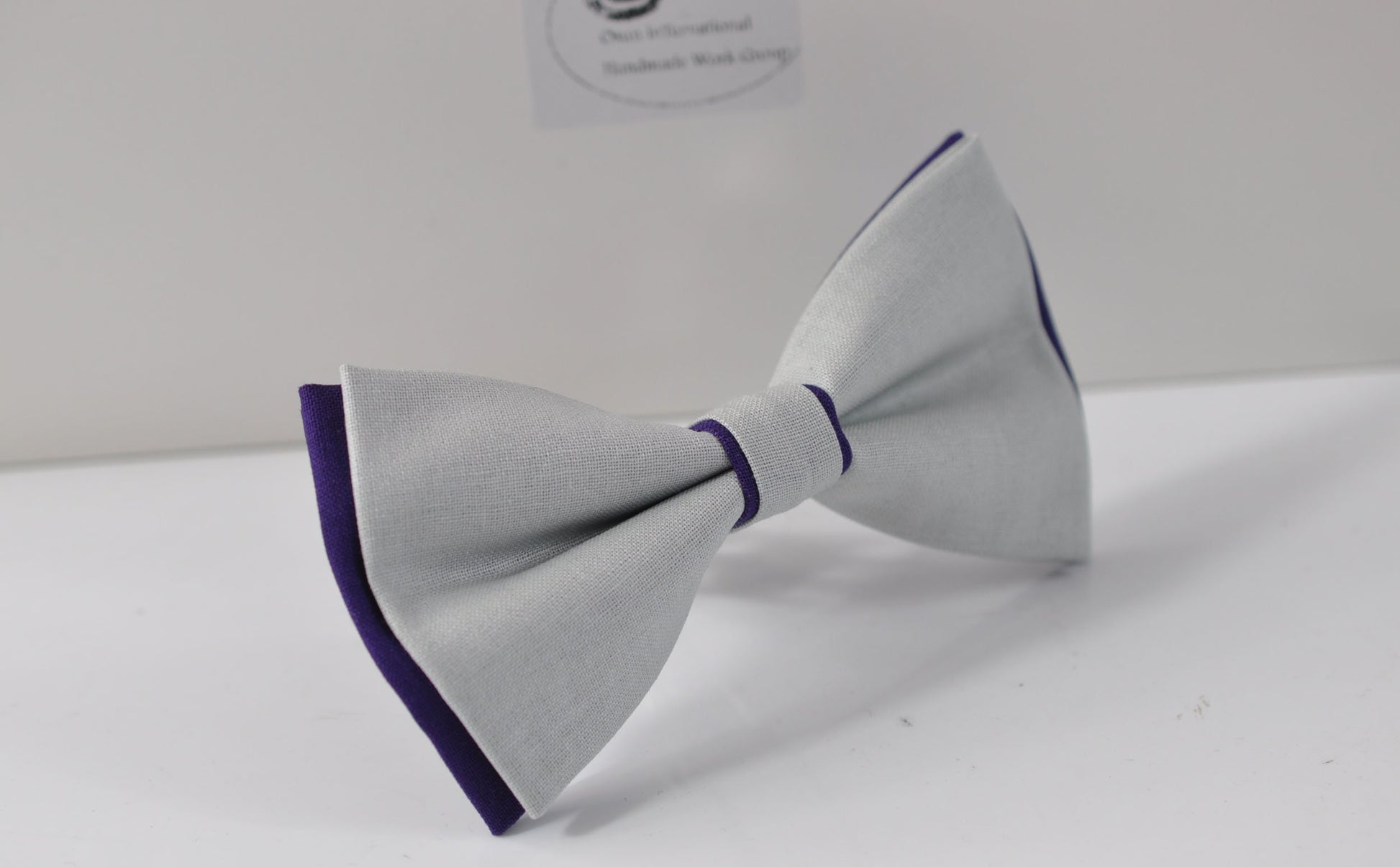 Violet Purple and Silver Grey 2 Layers Cotton Bow tie + Brown Elastic Suspenders Braces for Men / Youth Teenage / Boy Kids / Infant Toddler