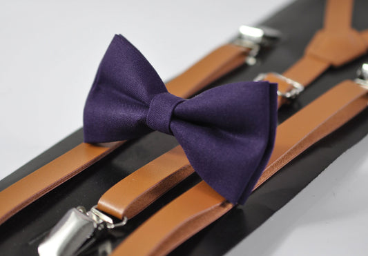 Eggplant Purple Violet Dark Purple Bow tie + Tan Brown Skinny Faux Leather Suspenders Braces for Youth Teenage / Boy Kids / Baby infant