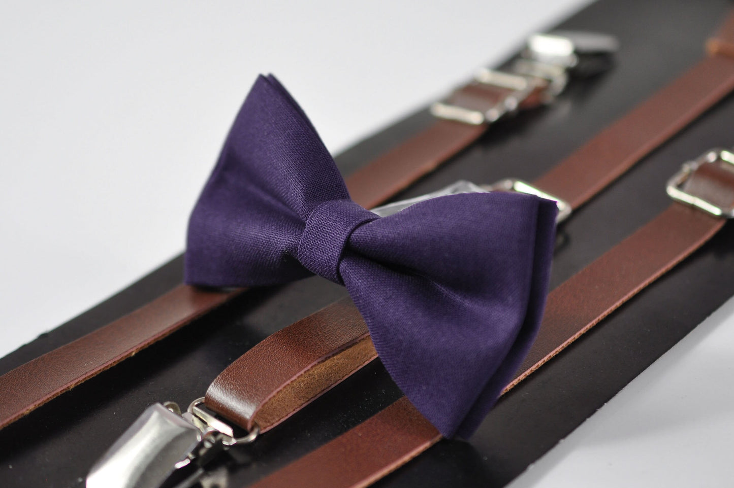 Eggplant Purple Violet Dark Purple Bow tie + Brown Skinny Faux Leather Suspenders Braces for Men / Youth Teenage / Boy Kids / Toddler Baby