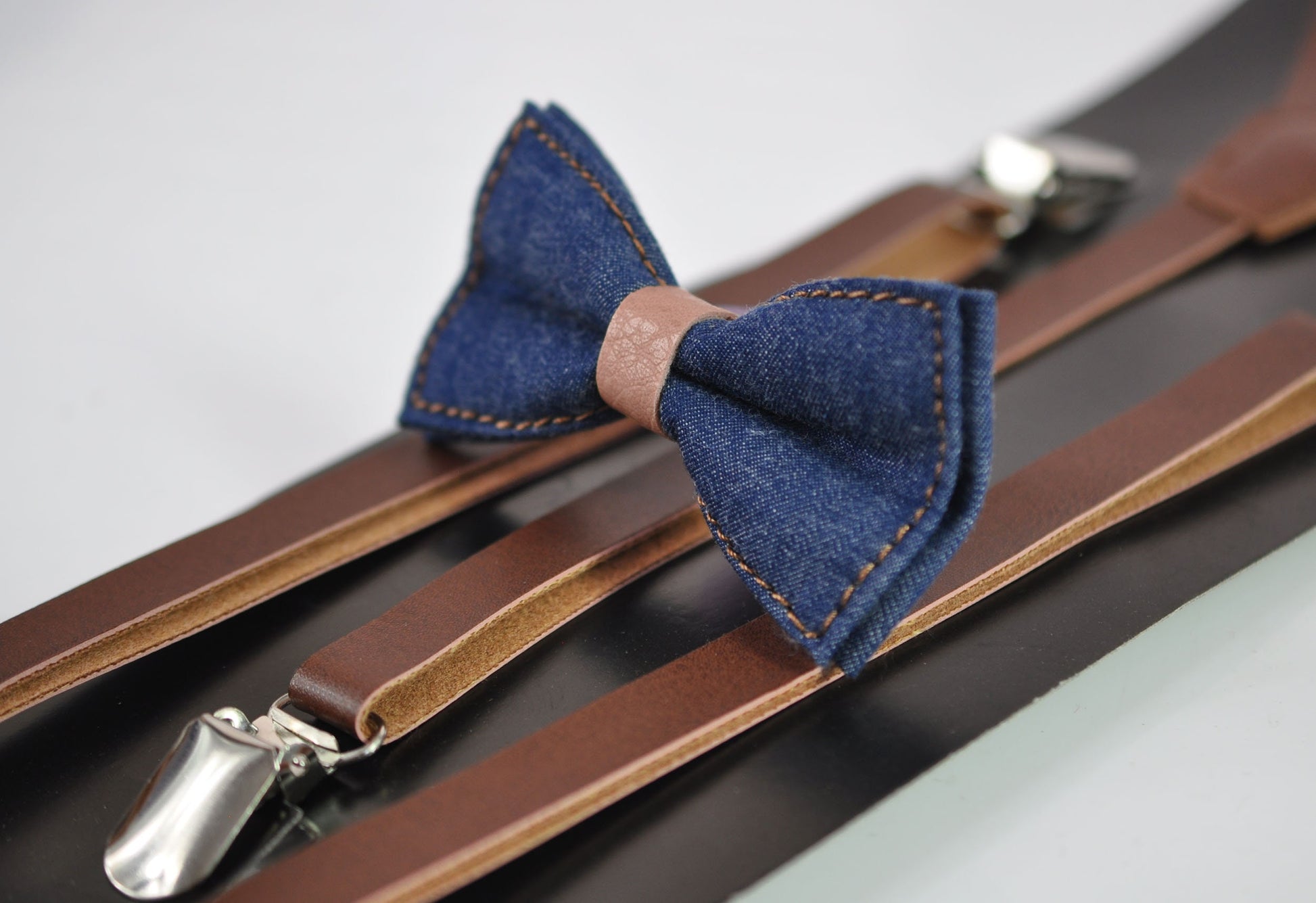 Navy Blue Denim Jeans Caramel Faux Leather Bow Tie + Brown Faux Leather Suspenders Braces for Youth / Boys Kids / Baby Infant Toddler