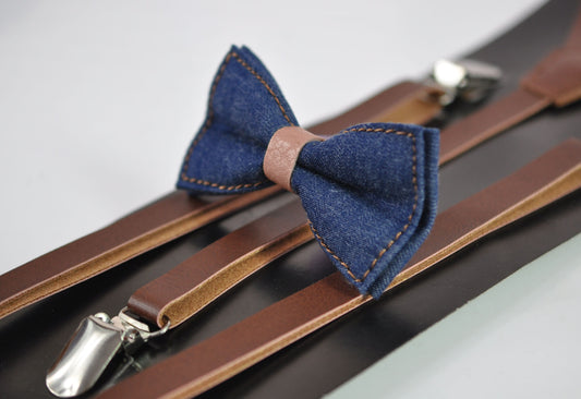 Navy Blue Denim Jeans Caramel Faux Leather Bow Tie + Brown Faux Leather Suspenders Braces for Youth / Boys Kids / Baby Infant Toddler