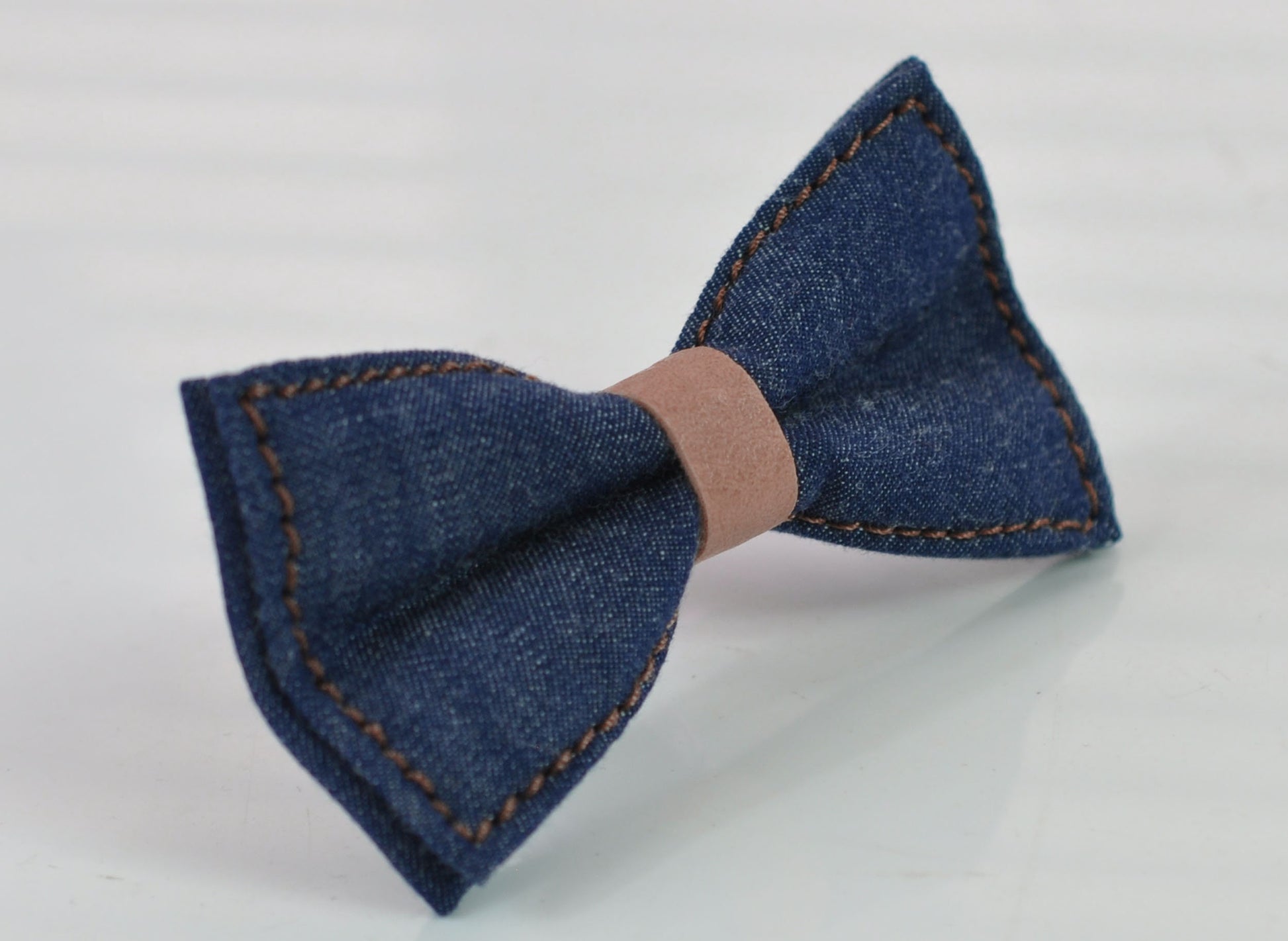 Navy Blue Denim Jeans Caramel Faux Leather Bow Tie + Brown Faux Leather Suspenders Braces for Youth / Boys Kids / Baby Infant Toddler