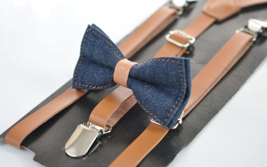Navy Blue Denim Jeans Caramel Faux Leather Bow Tie + Tan Brown Faux Leather Suspenders Braces for Youth / Boys Kids / Baby Infant Toddler