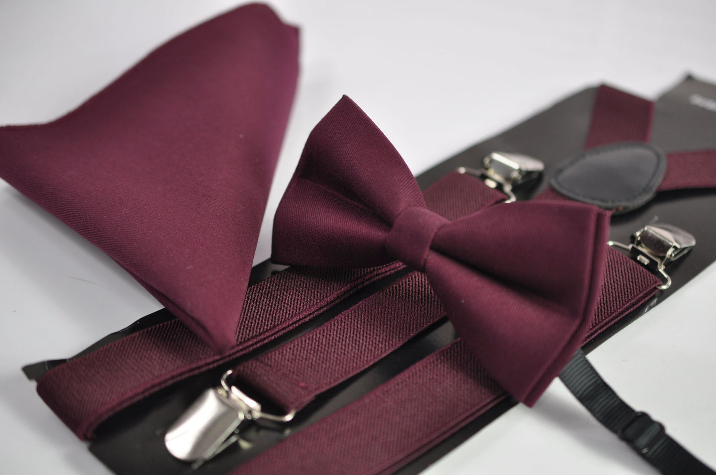 Burgundy Wine Red Bow tie + Elastic Suspenders Braces + Pocket Square Hanky Handkerchief+Cufflinks for Men / Youth / Boys Kids / Baby Infant