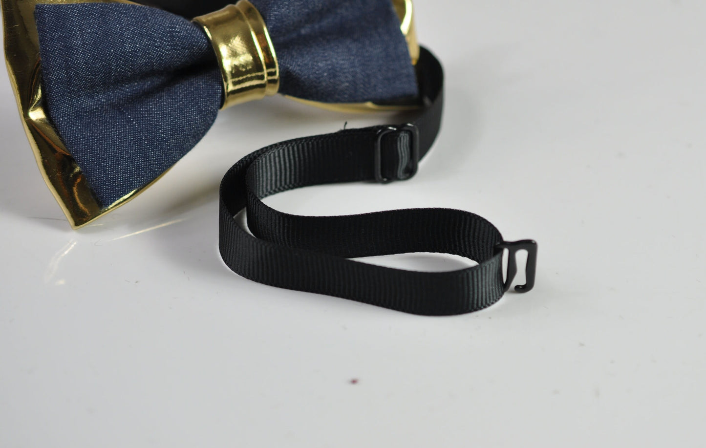 Navy Blue Denim + Gold Golden Faux Leather 2 Layers Pre Tied Bow tie Bowtie for Men Adult / Youth Teenage / Boy Kids / Baby Infant Toddler