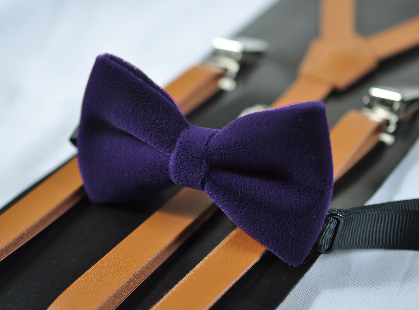 Violet Purple Blue Velvet Bow tie + Tan Brown Skinny Faux Leather Suspenders braces for Youth Teenage / Boy Kids / infant Toddler Baby