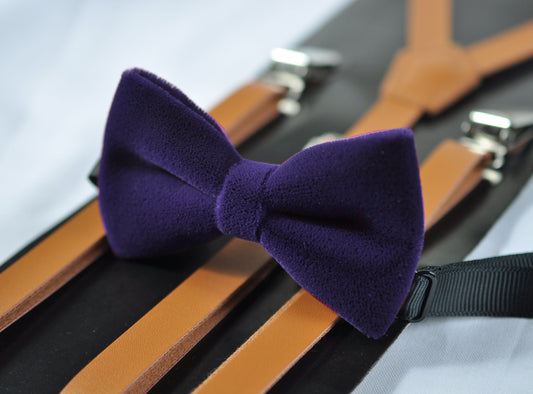 Violet Purple Blue Velvet Bow tie + Tan Brown Skinny Faux Leather Suspenders braces for Youth Teenage / Boy Kids / infant Toddler Baby