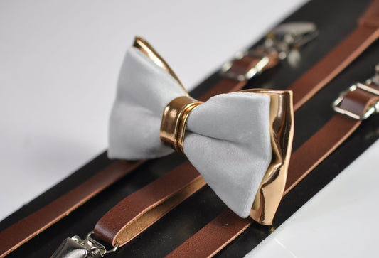 Silver Grey Velvet Rose Gold Faux Leather Bow tie + Brown Faux Leather Suspenders Braces for Youth Teenage / Boy Kids / Baby Infant