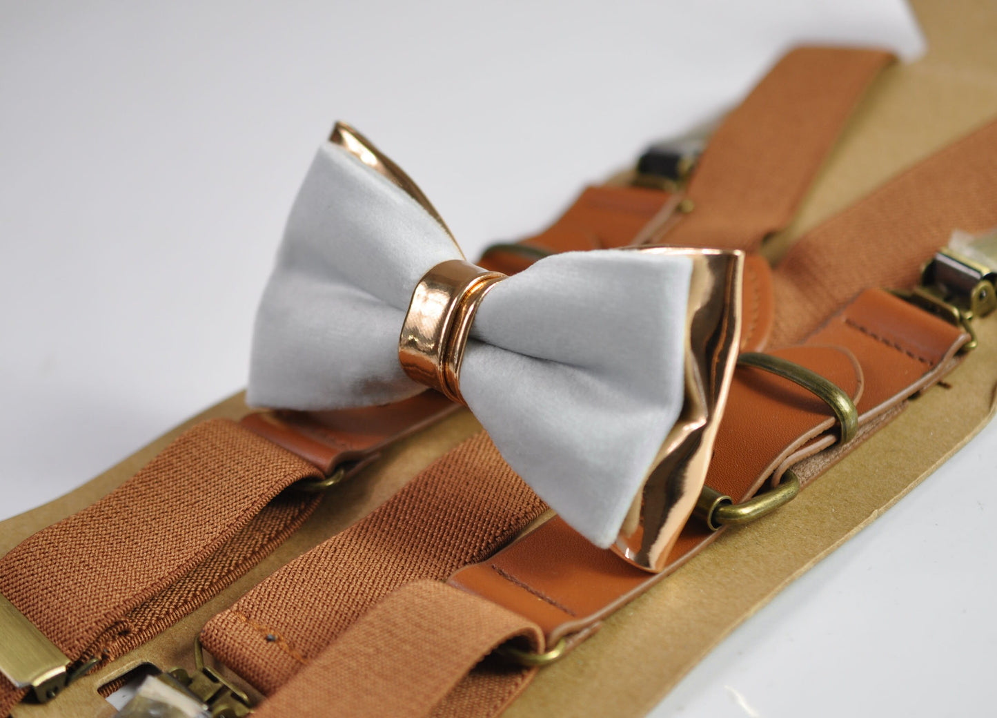 Silver Grey Velvet Rose Gold Faux Leather Bow tie + Tan Brown Leather Elastic Suspenders braces for Men / Youth / Boy Kids / Baby Infant