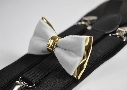 Silver Grey Velvet Gold Faux Leather Bow Tie +BLACK Elastic Suspenders Braces for Men ADULT / Youth / Boy Kids / Baby Infant Toddler