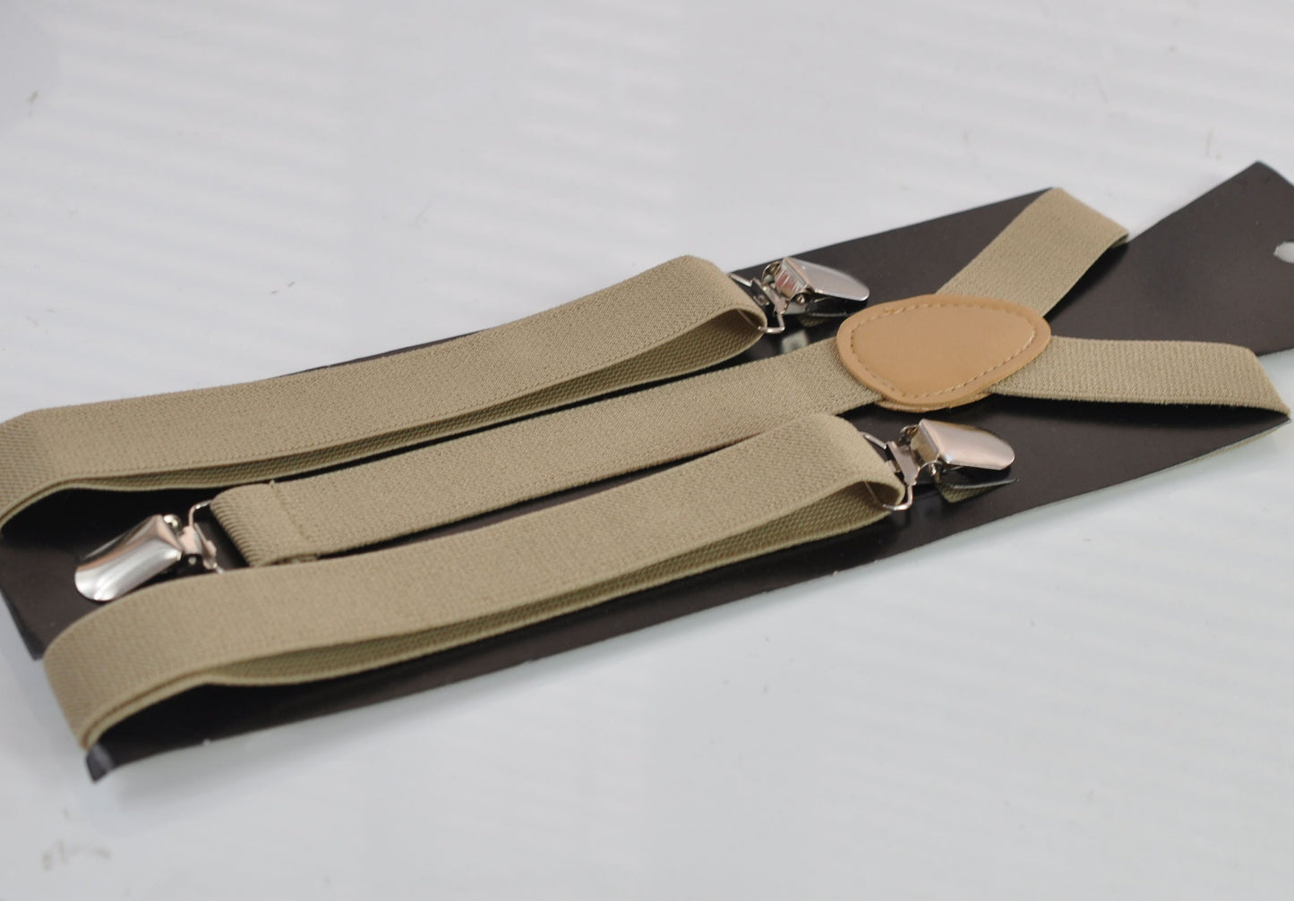 Silver Grey and Gold Faux Leather Bow tie + Khaki Beige Elastic Suspenders Braces for Men / Youth Teenage / Boy Kids / Baby Infant Toddler