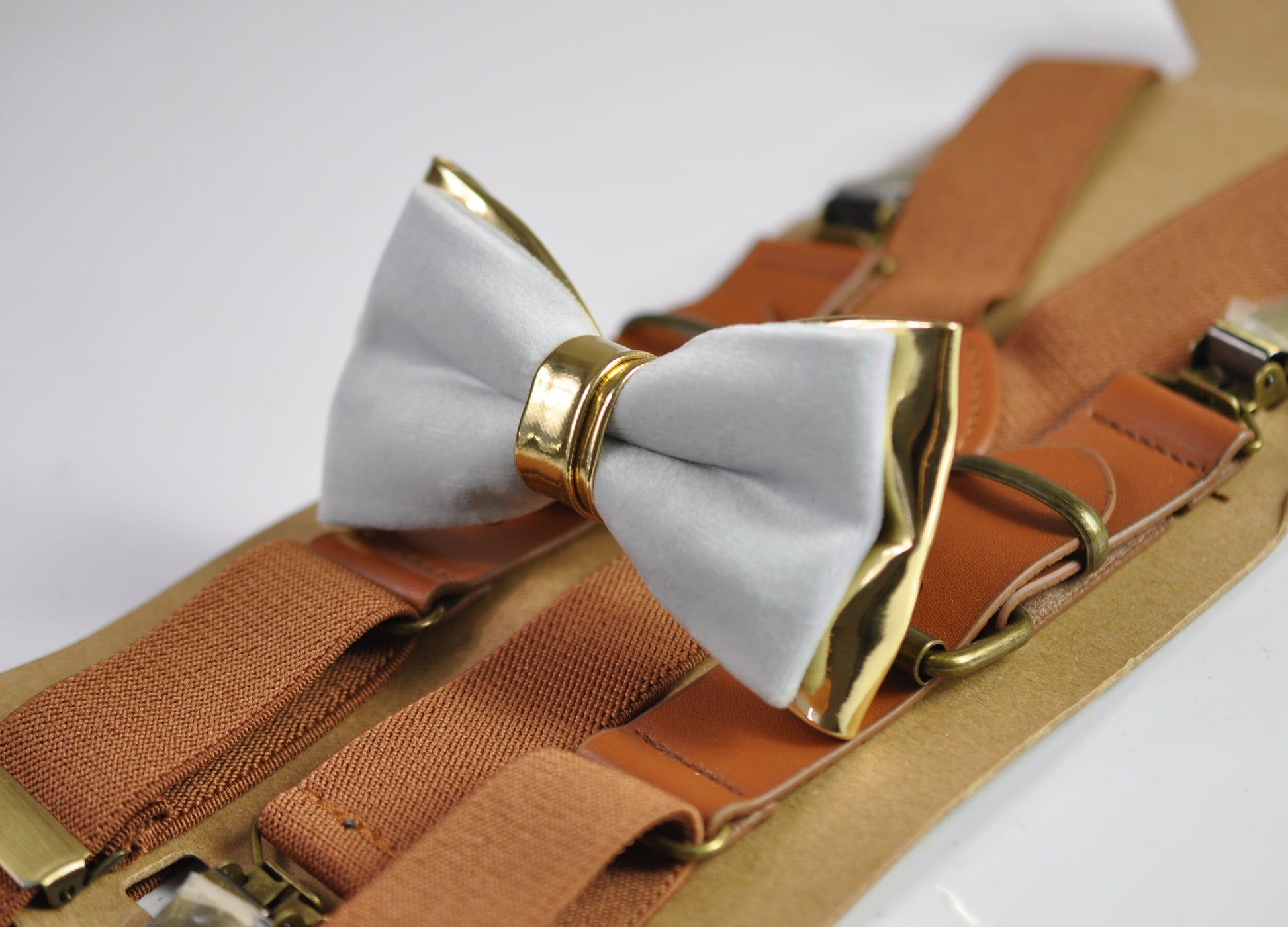 Silver Grey Velvet Gold Faux Leather Bow tie + Tan Brown Leather Elastic Suspenders braces for Men / Youth / Boy Kids / Baby Infant Toddler