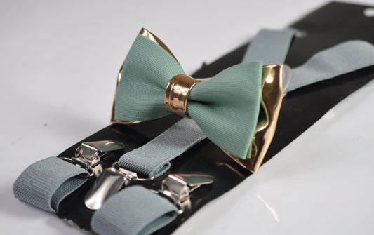 Sage Green Cotton Rose Gold Faux Leather Bow Tie + Light Grey Elastic Suspenders Braces for Men / Teenage / Boy Kids / Baby Infant Toddler