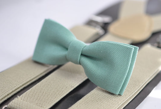 Sage Green Cotton Skinny Narrow Bow Tie + Beige Khaki Elastic Suspenders Braces for Men / Youth Teenage / Boy Kids / Baby Infant Toddler