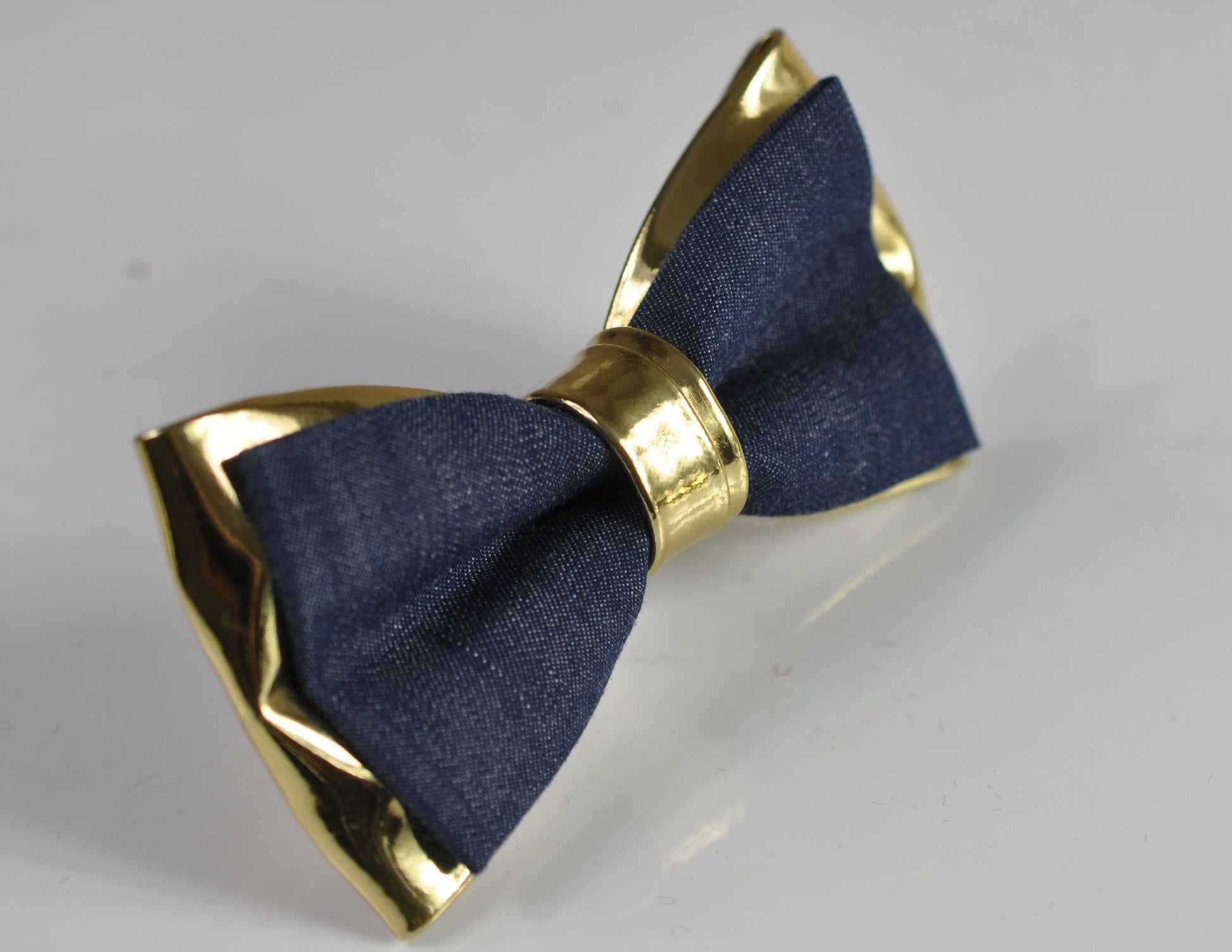 Navy Blue Denim + Gold Golden Faux Leather 2 Layers Pre Tied Bow tie Bowtie for Men Adult / Youth Teenage / Boy Kids / Baby Infant Toddler