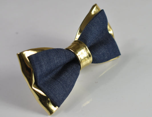 Navy Blue Denim + Gold Golden Faux Leather 2 Layers Pre Tied Bow tie Bowtie for Men Adult / Youth Teenage / Boy Kids / Baby Infant Toddler
