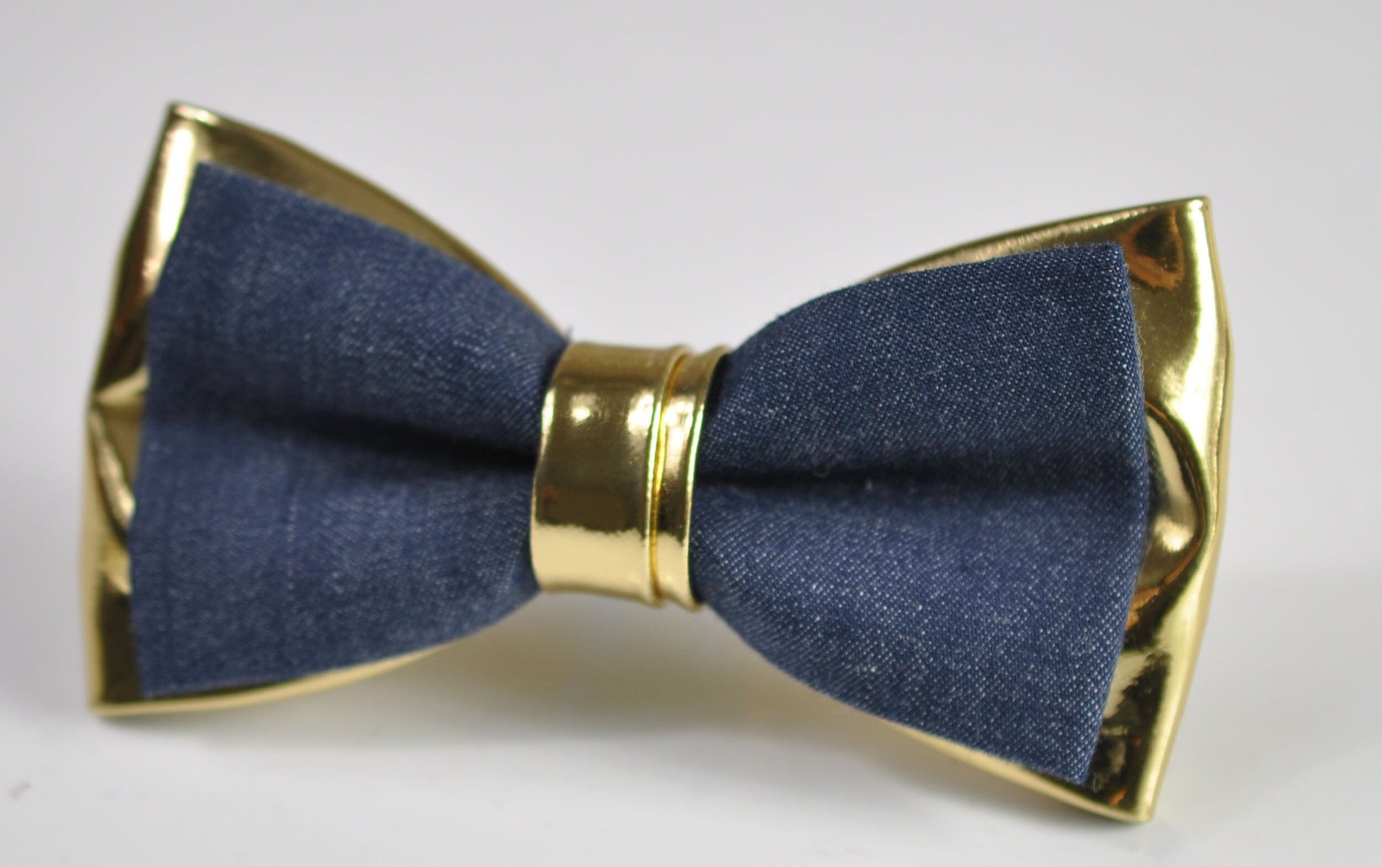 Navy Blue Denim + Gold Golden Faux Leather 2 Layers Pre Tied Bow tie Bowtie for Men Adult / Youth Teenage / Boy Kids / Baby Infant Toddler