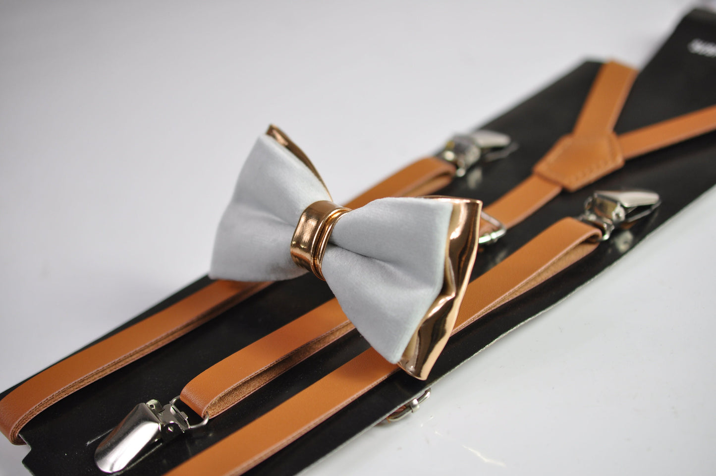 Silver Grey Velvet Rose Gold Faux Leather Bow tie + Tan Brown Faux Leather Suspenders Braces for Youth Teenage / Boy Kids / Baby Infant
