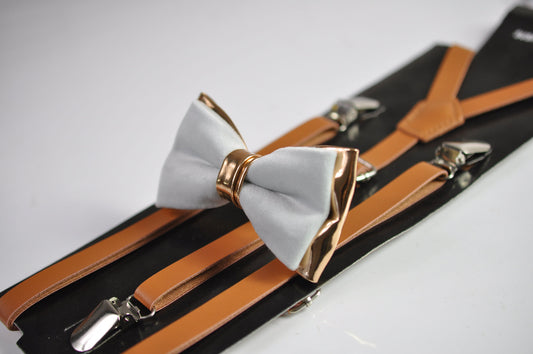 Silver Grey Velvet Rose Gold Faux Leather Bow tie + Tan Brown Faux Leather Suspenders Braces for Youth Teenage / Boy Kids / Baby Infant