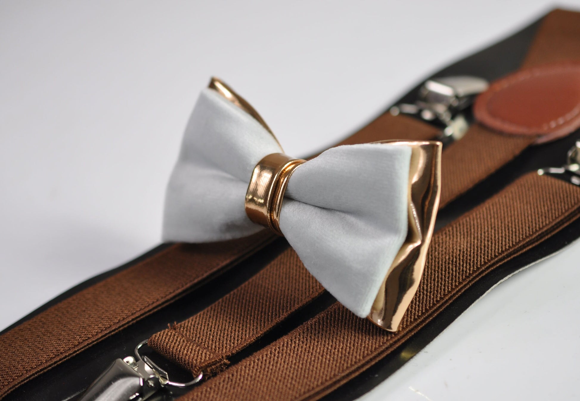 Silver Grey Velvet Rose Gold Faux Leather Bow Tie + Brown Elastic Suspenders Braces for Men Adult / Youth / Boy Kids / Baby Infant Toddler
