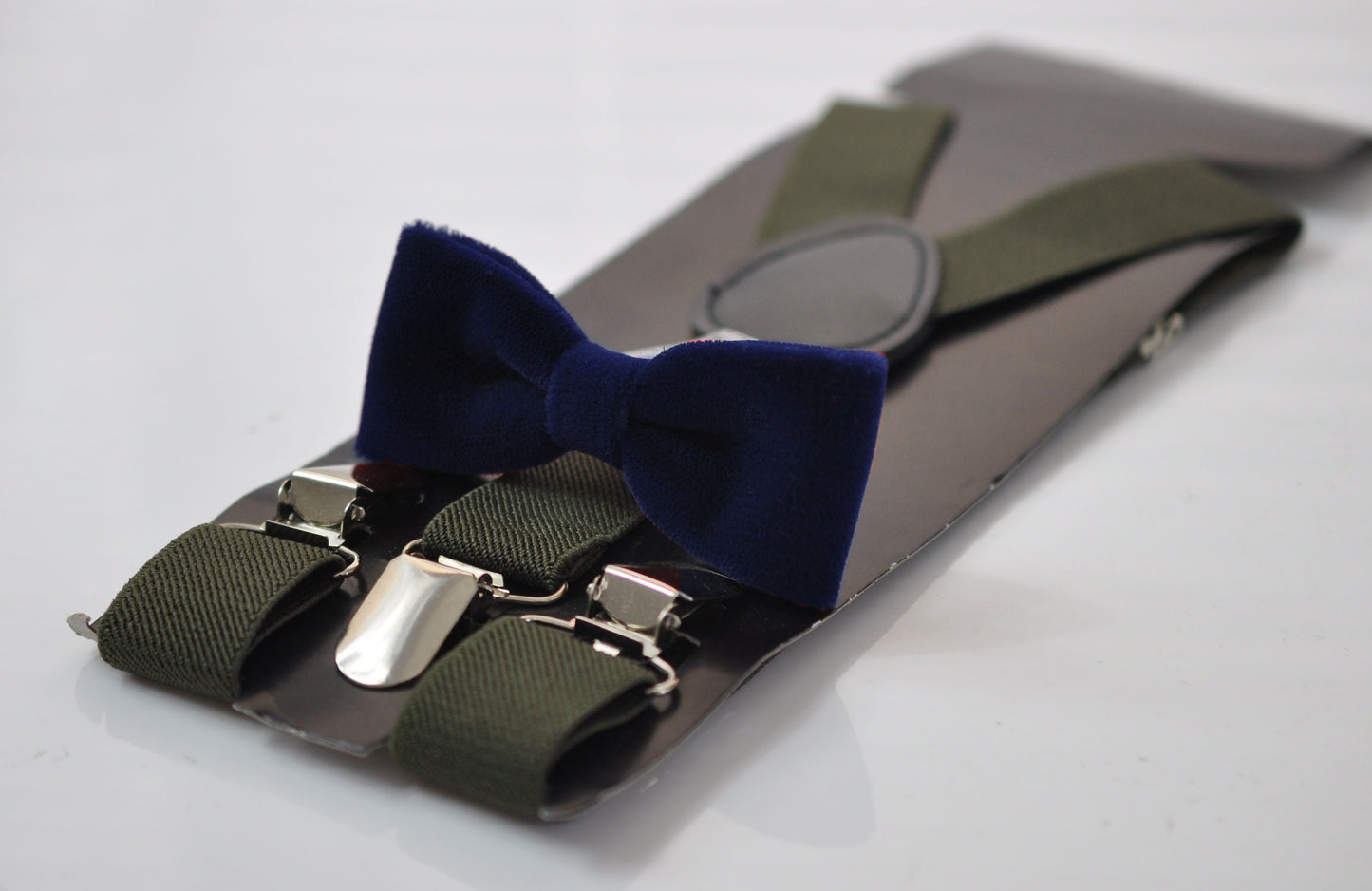 Navy Blue Skinny Narrow Bow tie Bowtie + Army Green Elastic Suspenders Braces for Men / Youth Teenage / Boy Kids / Baby Infant Toddler