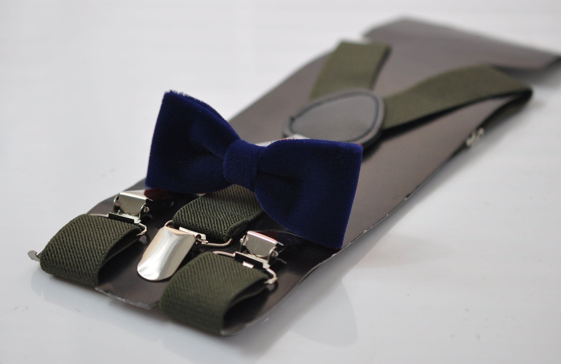 Navy Blue Skinny Narrow Bow tie Bowtie + Army Green Elastic Suspenders Braces for Men / Youth Teenage / Boy Kids / Baby Infant Toddler