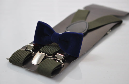 Navy Blue Skinny Narrow Bow tie Bowtie + Army Green Elastic Suspenders Braces for Men / Youth Teenage / Boy Kids / Baby Infant Toddler