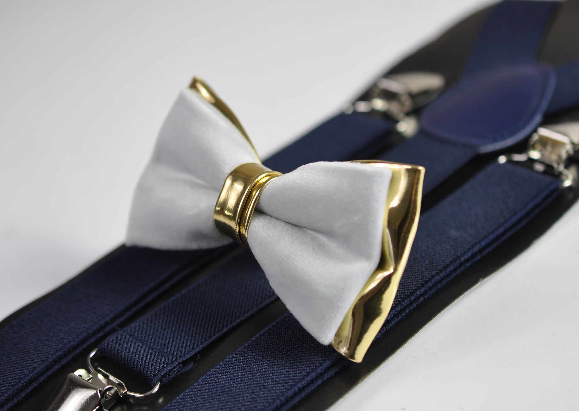 Silver Grey Velvet Gold Faux Leather Bow Tie + Navy Blue Elastic Suspenders Braces for Men / Youth / Boy Kids / Baby Infant Toddler