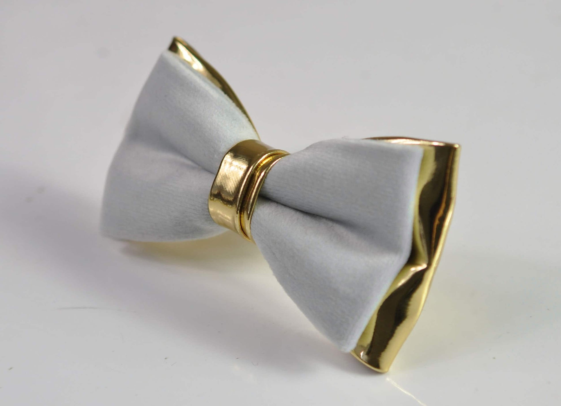 Silver Grey Velvet Gold Faux Leather Bow Tie + Navy Blue Elastic Suspenders Braces for Men / Youth / Boy Kids / Baby Infant Toddler