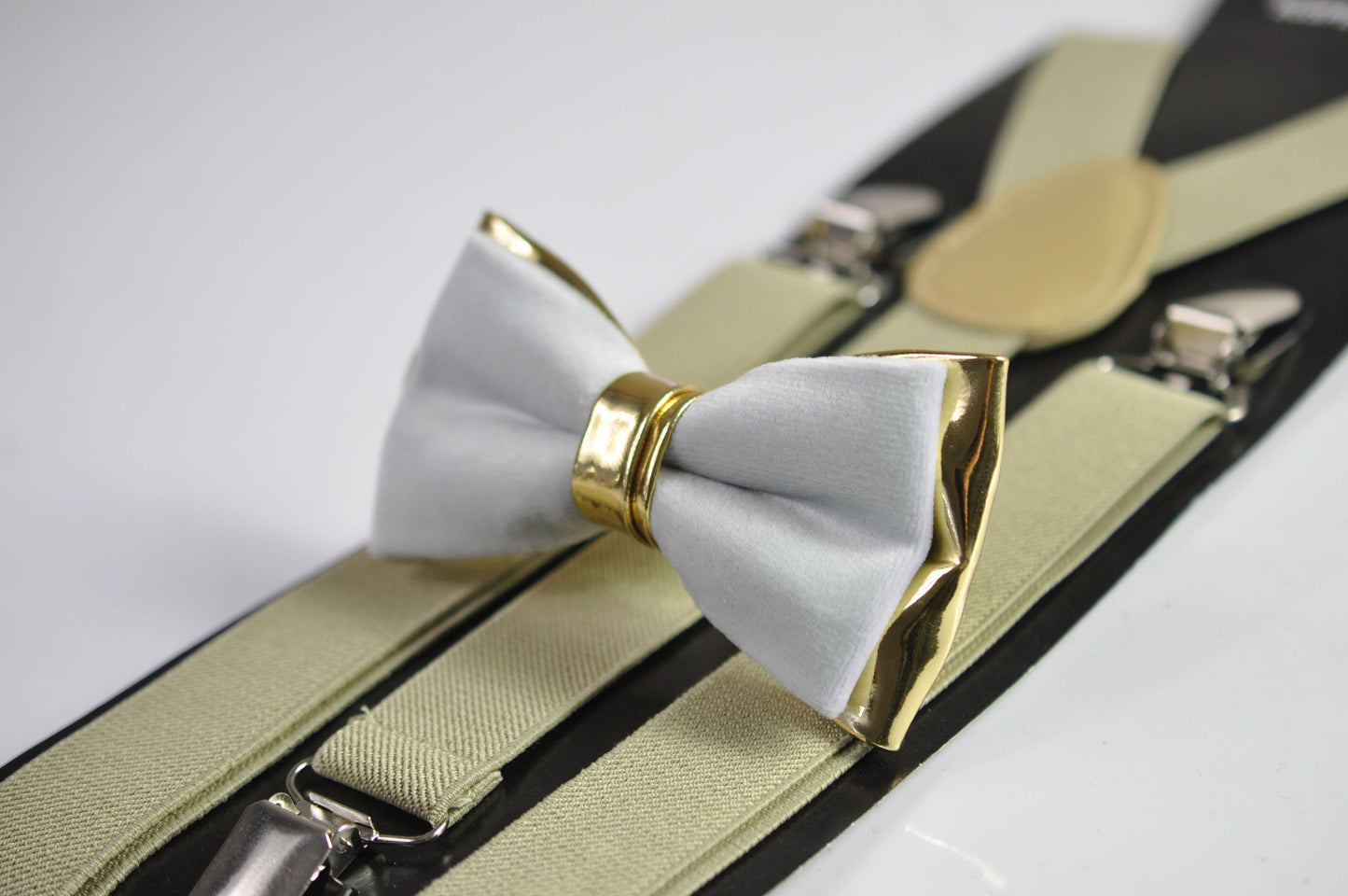 Silver Grey and Gold Faux Leather Bow tie + Khaki Beige Elastic Suspenders Braces for Men / Youth Teenage / Boy Kids / Baby Infant Toddler