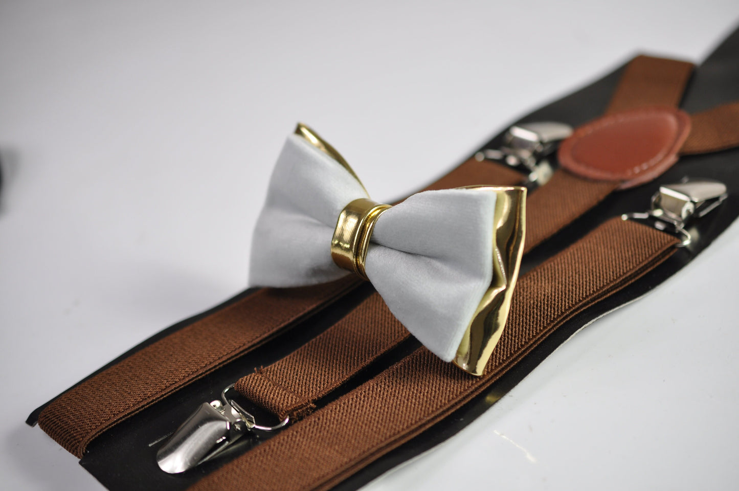Silver Grey and Gold Faux Leather Bow tie + Brown Elastic Suspenders Braces for Men / Youth Teenage / Boy Kids / Baby Infant Toddler