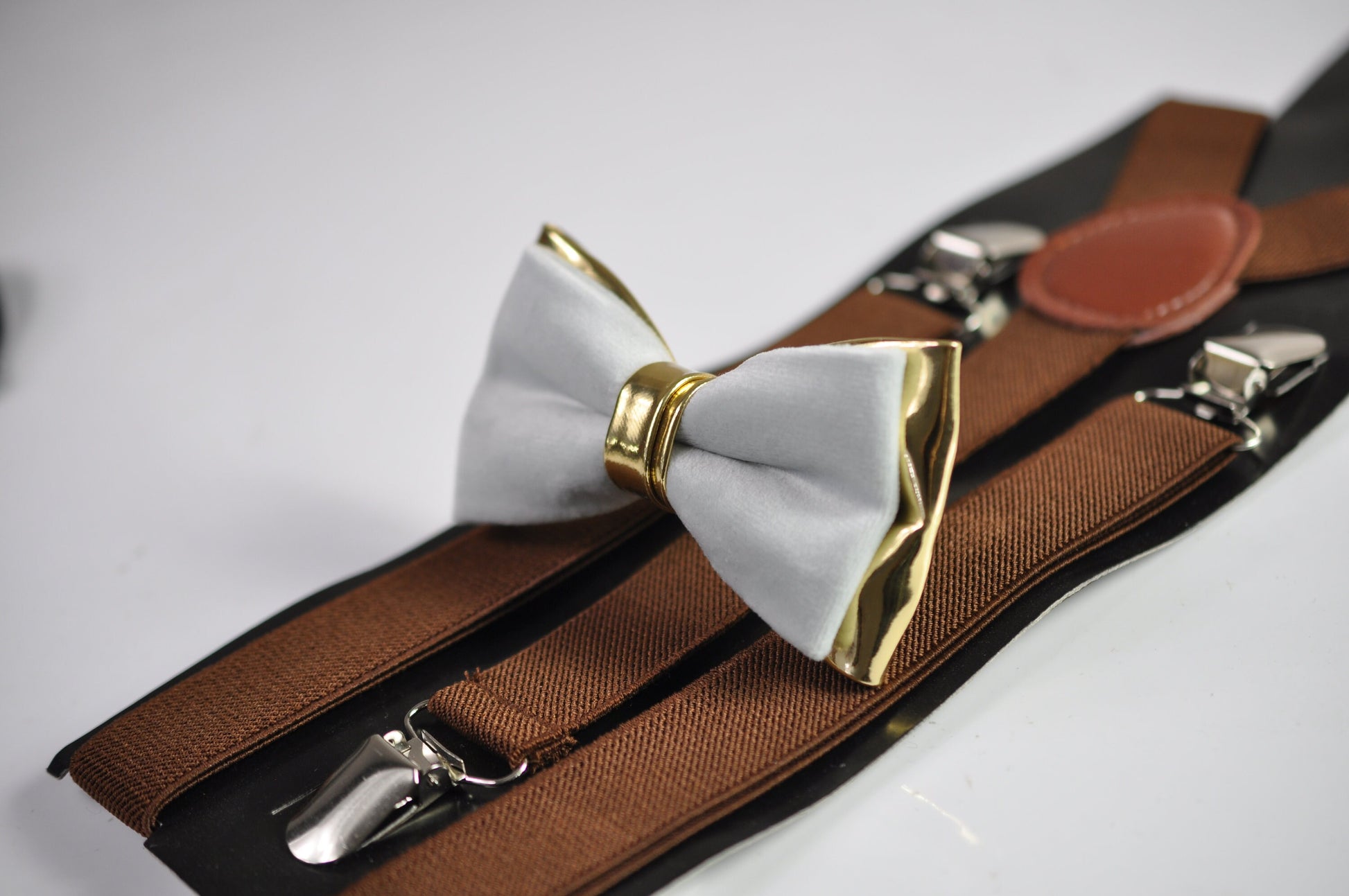 Silver Grey and Gold Faux Leather Bow tie + Brown Elastic Suspenders Braces for Men / Youth Teenage / Boy Kids / Baby Infant Toddler