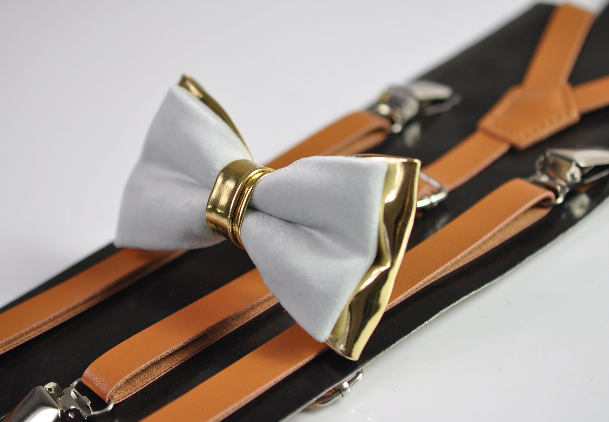 Silver Grey Velvet Gold Faux Leather Bow tie + Tan Brown Faux Leather Suspenders Braces for Youth Teenage / Boy Kids / Baby Infant Toddler