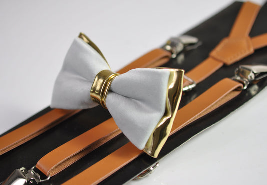 Silver Grey Velvet Gold Faux Leather Bow tie + Tan Brown Faux Leather Suspenders Braces for Youth Teenage / Boy Kids / Baby Infant Toddler