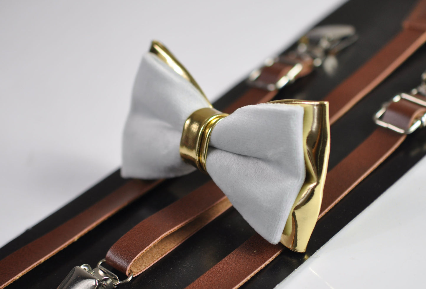 Silver Grey Velvet Gold Faux Leather Bow tie + Brown Faux Leather Suspenders Braces for Youth Teenage / Boy Kids / Baby Infant Toddler