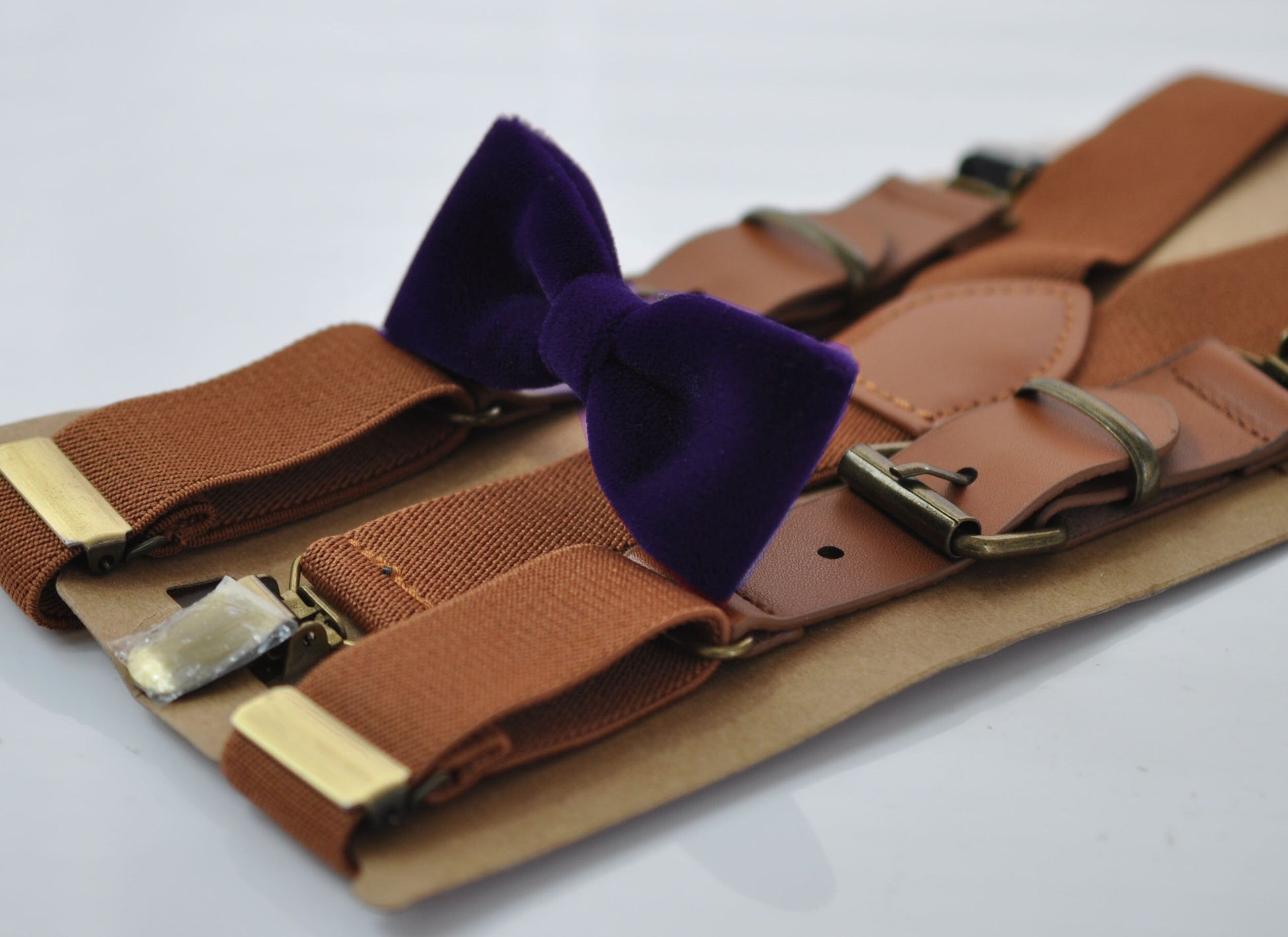 Violet Purple Skinny Narrow Velvet Bow tie + Bronw Tan Faux Leather and Elastic Suspenders Braces for Men / Teenage / Boy Kids / Infant Baby