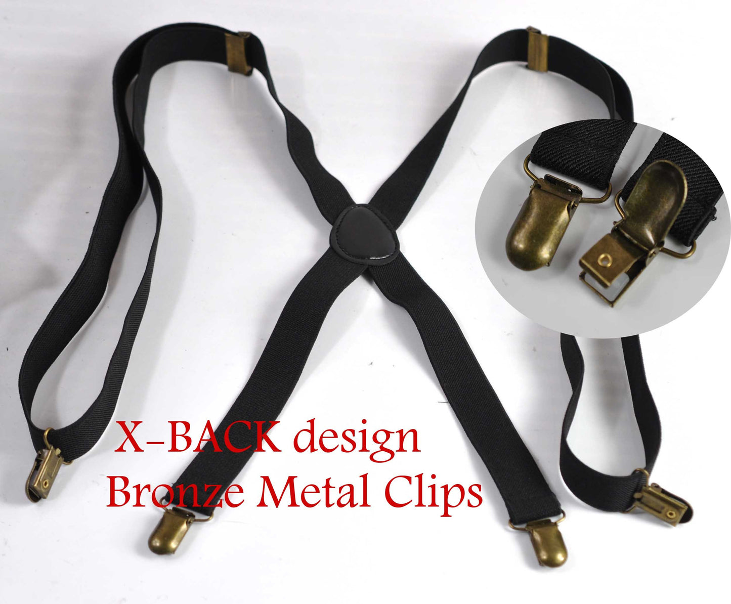 Men Women Black 25mm 2.5cm Wide X-Back 4 Bronze Metal Clips Pants Adjustable Elastic Suspenders Braces Fits Height 150cm to 210cm