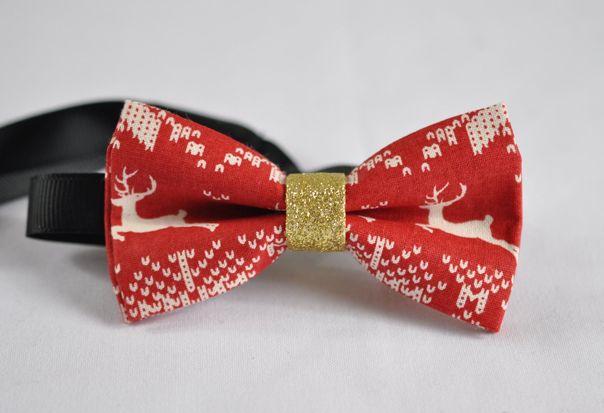 Xmas Christmas Elk Deer Red Cotton Bow tie + Gold Shining Elastic Suspenders Braces for Men / Youth Teenage/ Boys Kids / Baby Infant Toddler