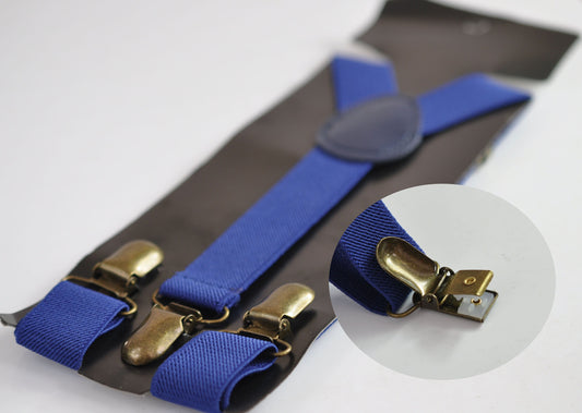 Indigo Blue Royal Blue 25MM Elastic Y-Back Suspenders Braces Bronze Metal Clips for Men Adult / Youth Teenage/ Kids Boy /Toddler Baby Infant