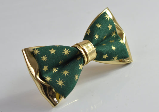 Green Cotton Gold Snowflake Stars Faux Leather 2Layers Xmas Christmas Pretied Bow Tie for Men Adult / Youth / Boy Kids / Baby Infant Toddler