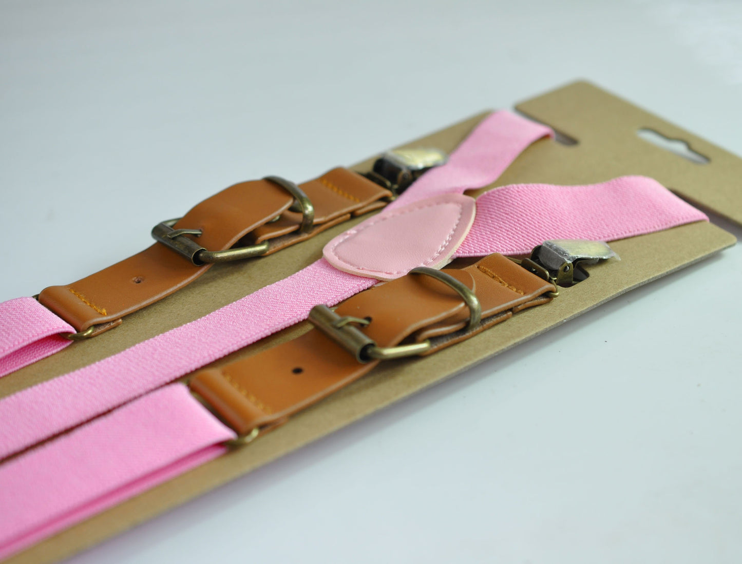 25mm Wide Pink Elastic Tan Faux Leather Adjustabale Suspenders Braces for Men / Youth / Boy Kids / Infant Toddler Baby
