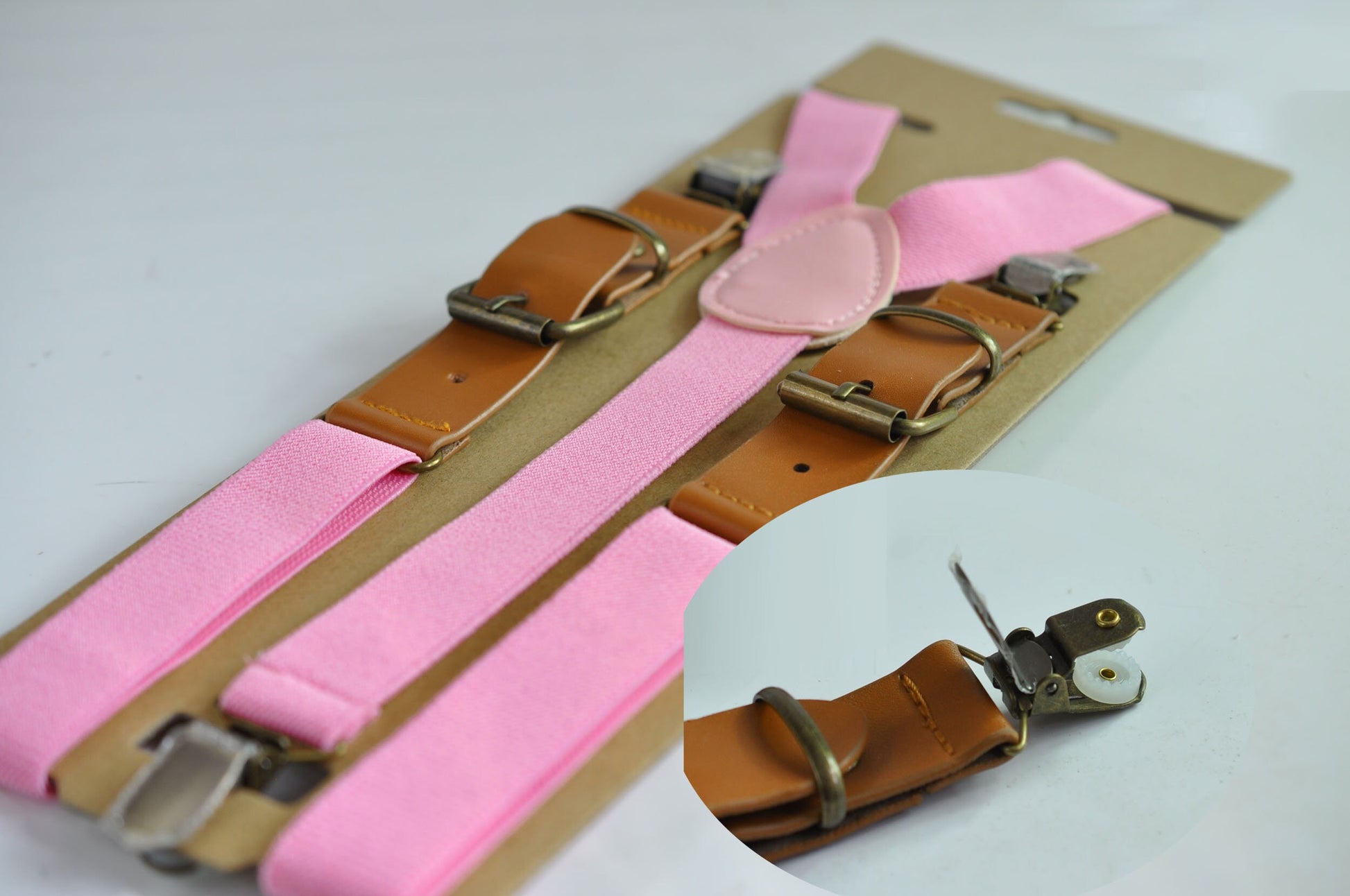 25mm Wide Pink Elastic Tan Faux Leather Adjustabale Suspenders Braces for Men / Youth / Boy Kids / Infant Toddler Baby
