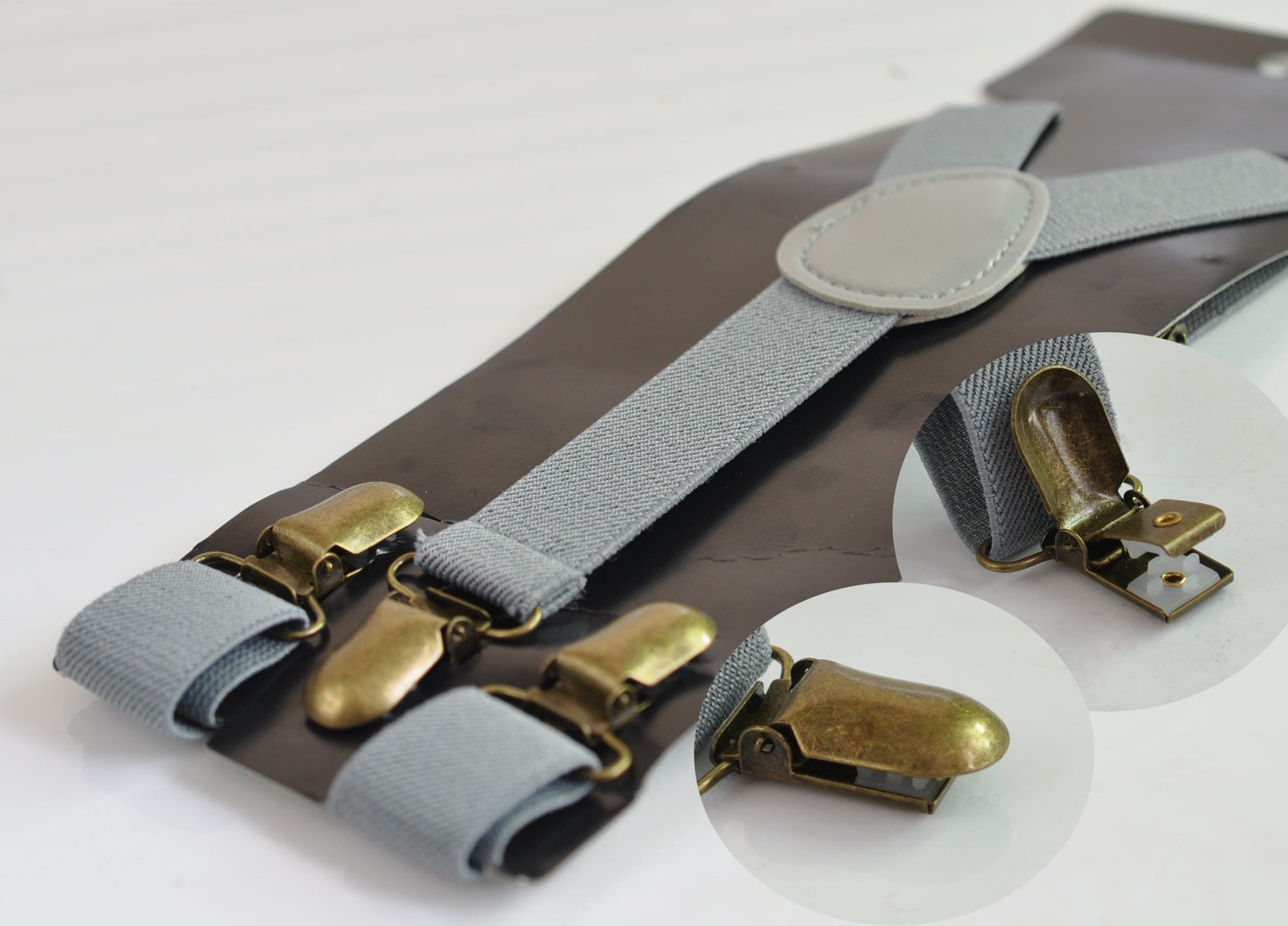 Grey Gray 25MM Elastic Y-Back Suspenders Braces Bronze Metal Clips for Men Adult / Youth Teenage / Kids Boy /Toddler Baby Infant
