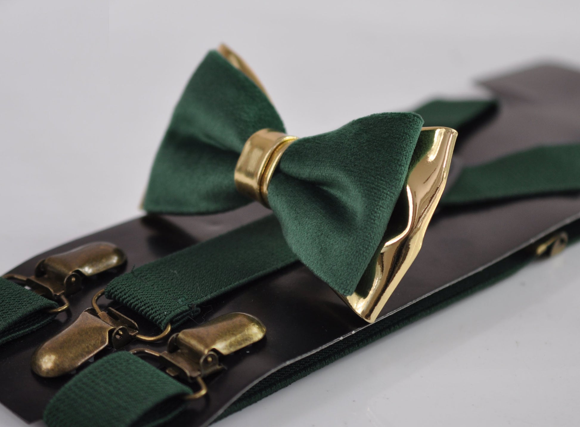 Emerald Green Velvet Gold Leather Bow tie + Suspenders Braces + Pocket Square Hanky Handkerchief for Men / Youth / Boys Kids / Baby Infant