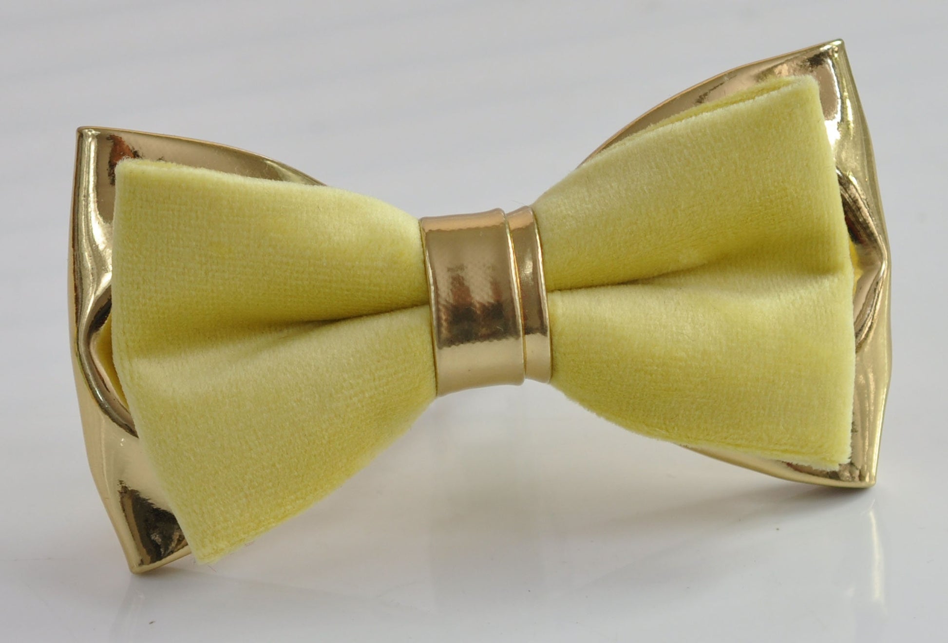 Lemon Yellow Baby Yellow Velvet + Gold Faux Leather Pretied Bow tie Bowtie for Men Adult / Youth Teenage / Kids Boy / Baby Infant Toddler