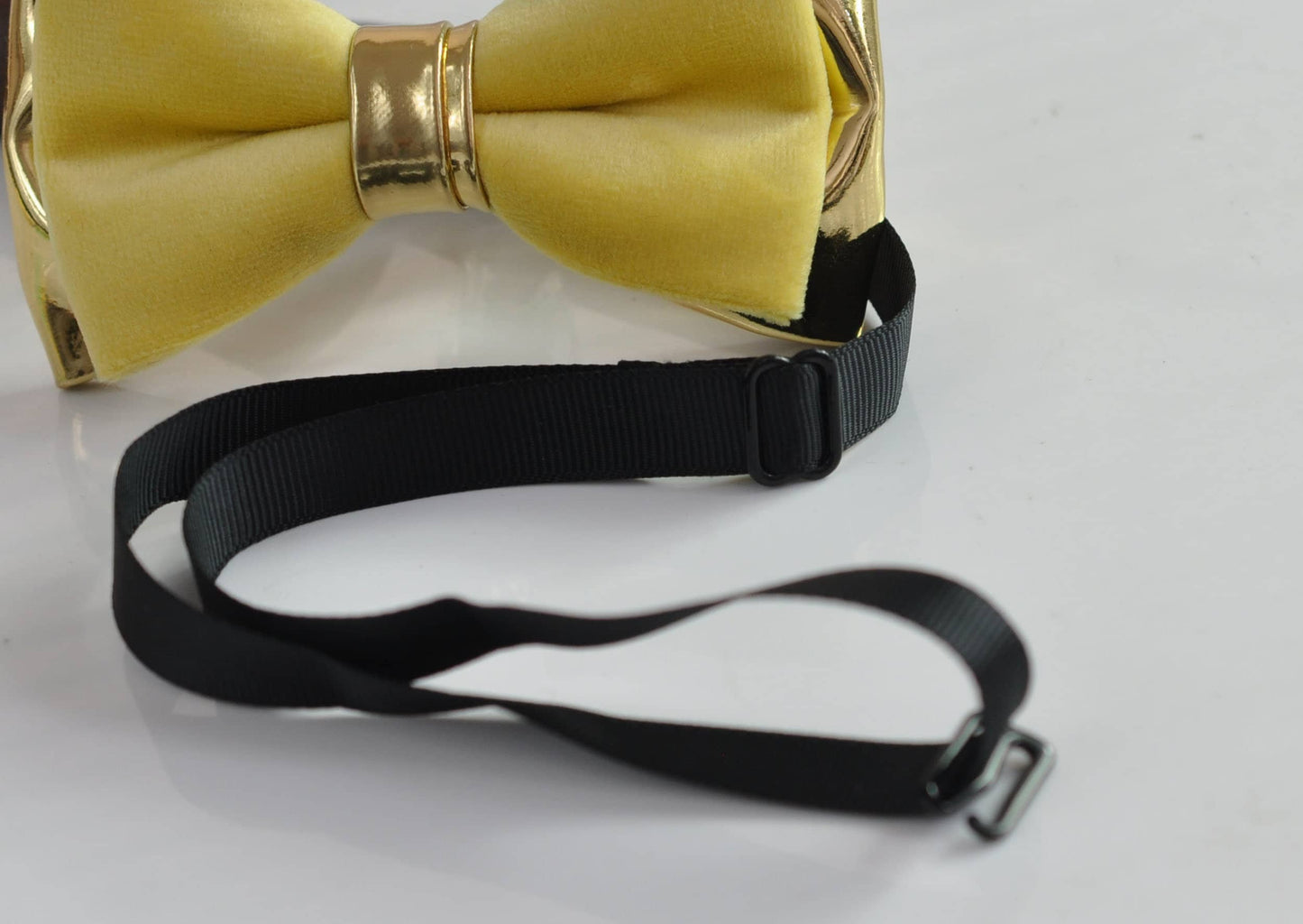 Lemon Yellow Baby Yellow Velvet + Gold Faux Leather Pretied Bow tie Bowtie for Men Adult / Youth Teenage / Kids Boy / Baby Infant Toddler