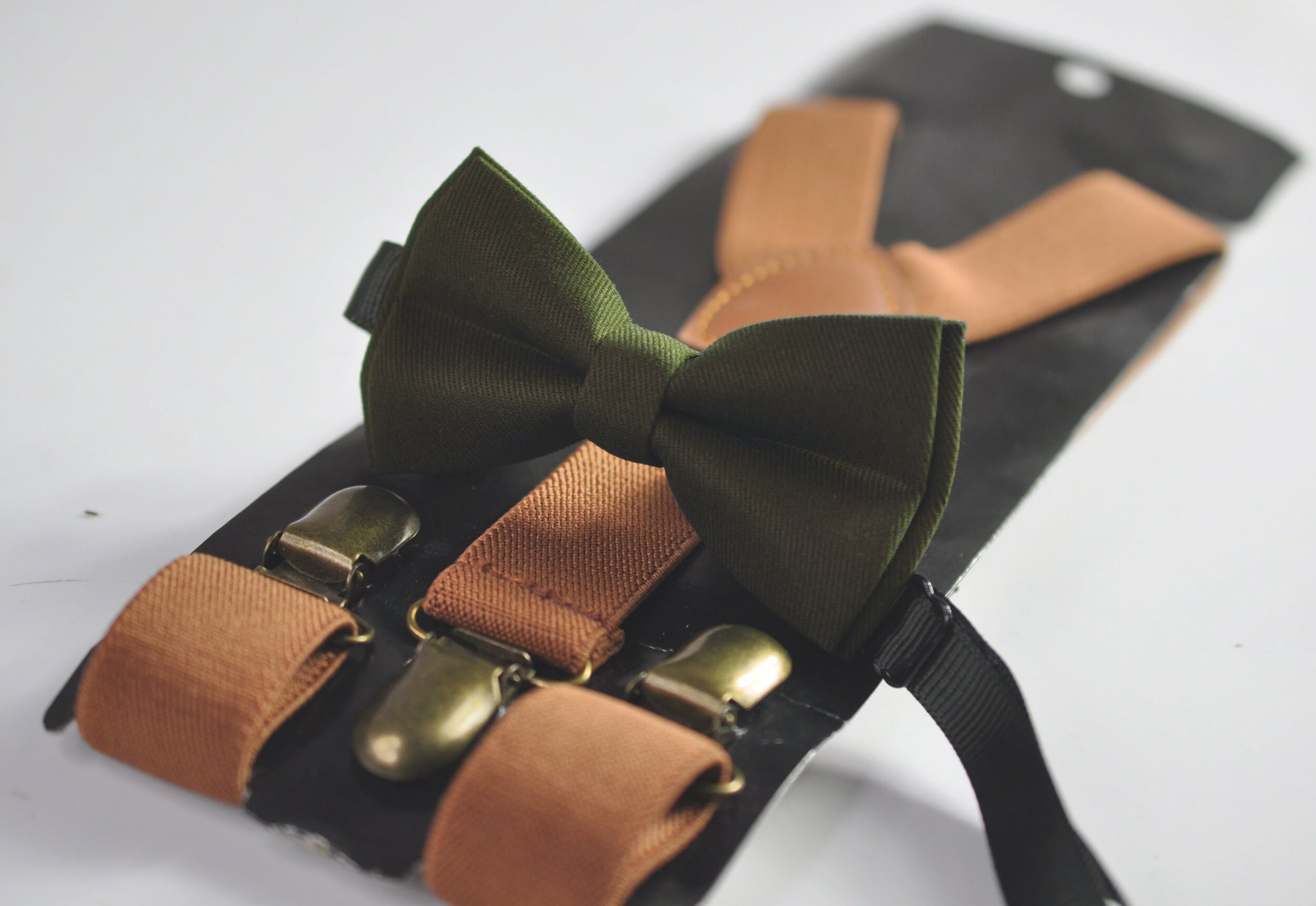 Amy Green Olive Green Cotton Bow tie + Tan Toffee Brown Elastic Suspenders Braces for Men / Youth / Boys Kids / Baby Infant Toddler