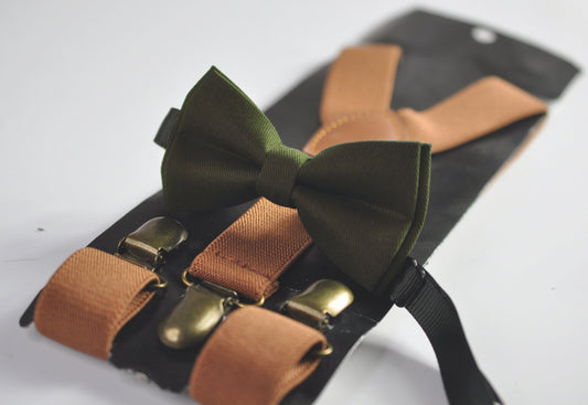 Amy Green Olive Green Cotton Bow tie + Tan Toffee Brown Elastic Suspenders Braces for Men / Youth / Boys Kids / Baby Infant Toddler