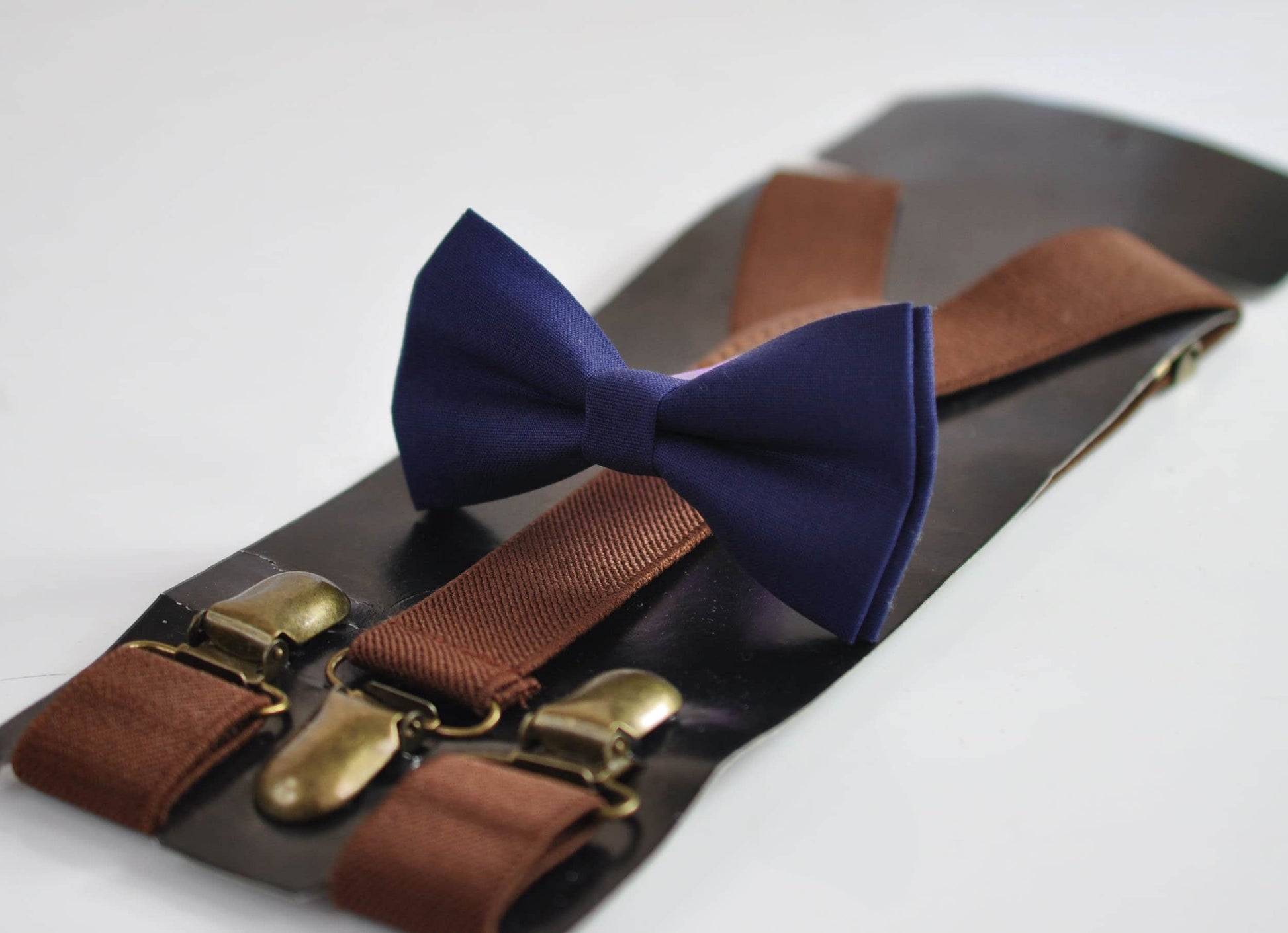Junior Navy Blue Cotton Bow tie Bowtie + Brown Elastic Suspenders Braces for Men / Youth Teenage/ Boys Kids / Baby Infant Toddler