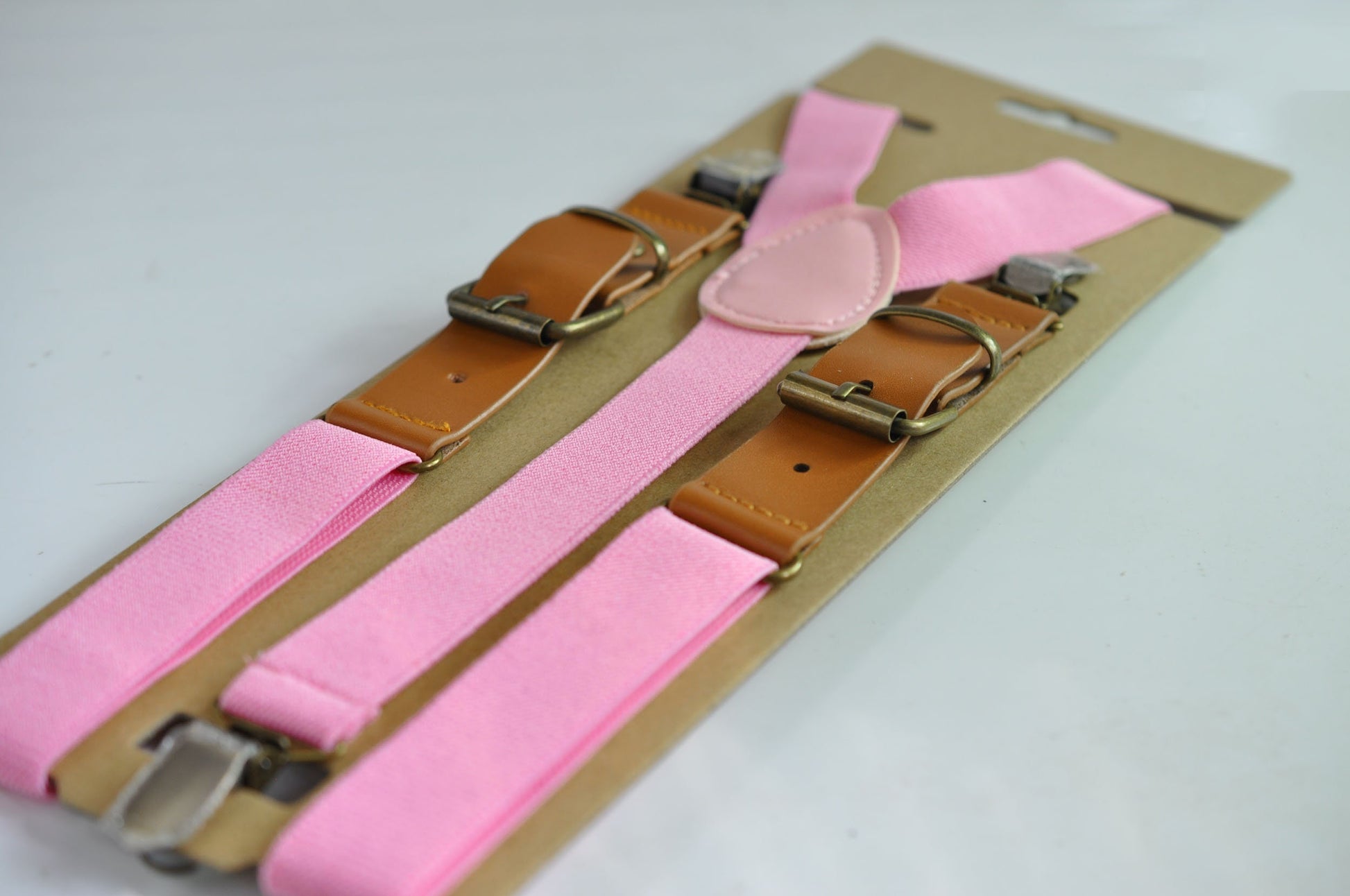 25mm Wide Pink Elastic Tan Faux Leather Adjustabale Suspenders Braces for Men / Youth / Boy Kids / Infant Toddler Baby
